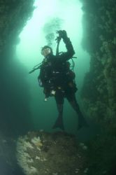 Diver in Gully at Wuddy Rock, St. Abbs, Scotland. 10.5mm ... by Mike Clark 